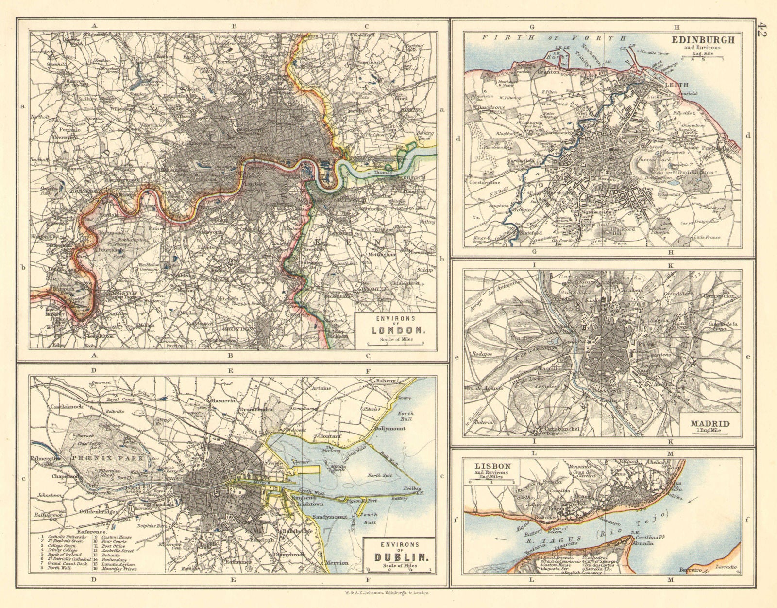 EUROPEAN CITIES. London Edinburgh Madrid Lisbon Dublin. JOHNSTON 1899 old map